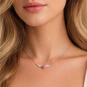 Pink Heart Crystal Necklace with Angel Wings